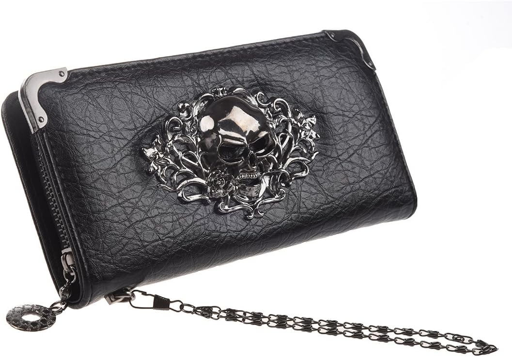 Hoyofo Skull Wallets For Women Zip Around Clutch With Credit Card Holder Phone Case Leather Long Goth Wallet Purse With Wristlet, Black