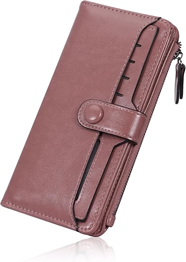 HUA ANGEL Womens Wallet Slim Thin Waxed Leather Billfold Clutch Multi Card Holder with Coin Pocket Large Capacity Long Purse