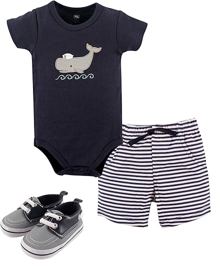 Hudson Baby Unisex Baby Cotton Bodysuit, Shorts And Shoe Set