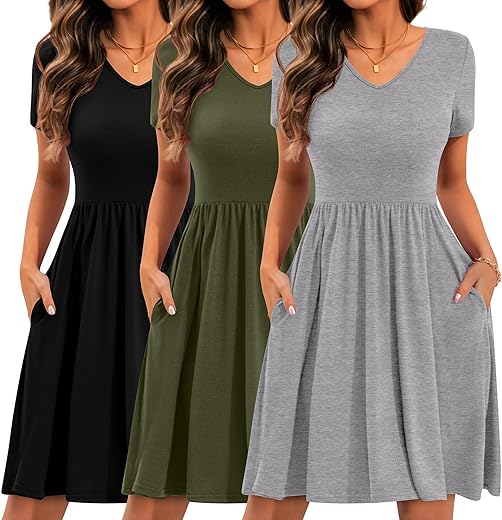 Huukeay 3 Pack Women'S Empire Waist Dresses Short Sleeve V Neck Swing Pleated Dress With Pockets