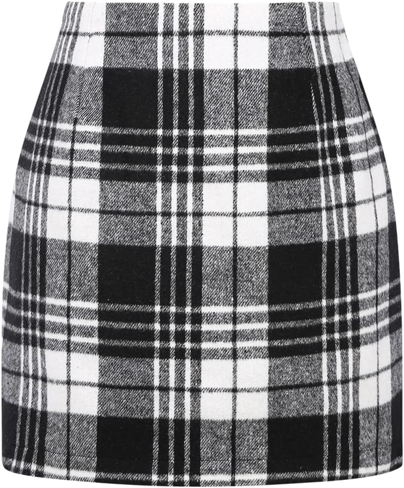 Idealsanxun Womens High Waist Plaid Skirt Bodycon Pencil Wool Mini Skirts