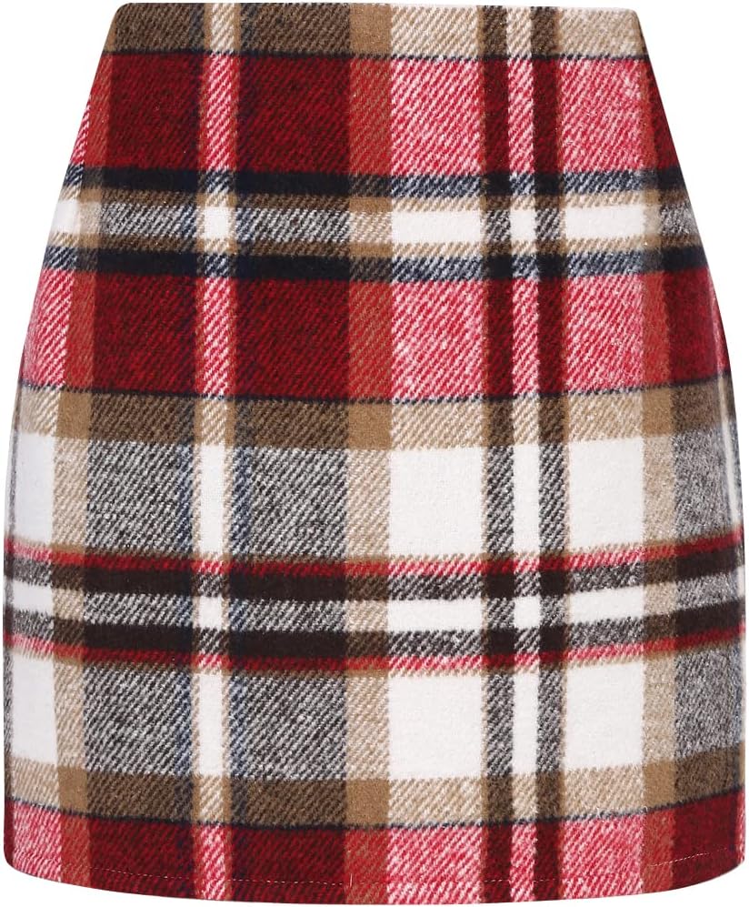 Idealsanxun Womens High Waist Plaid Skirt Bodycon Pencil Wool Mini Skirts