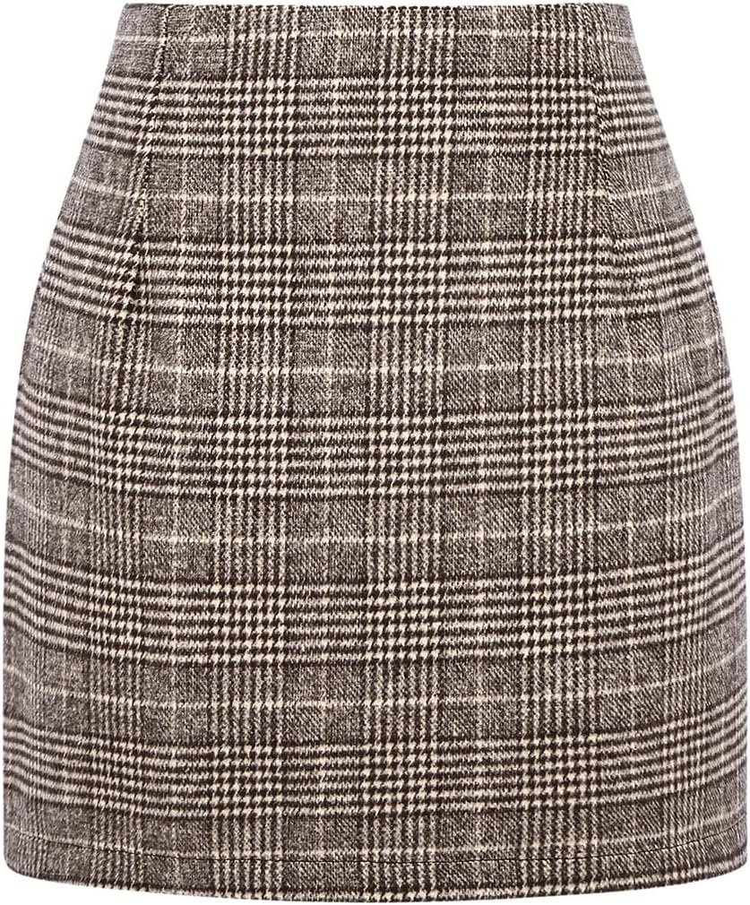 Idealsanxun Womens High Waist Plaid Skirt Bodycon Pencil Wool Mini Skirts