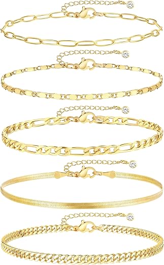 If You Gold Ankle Bracelets For Women, 14K Gold Plated Waterproof Cuban Link Chain Anklets Set, Layered Anklet Bracelets For Women Beach Gift Adjustable Size 5Pc