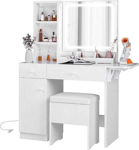 Ironck Vanity Desk With Led Lighted Mirror &Amp; Power Outlet, Makeup Table With Drawers &Amp; Cabinet,Storage Stool,For Bedroom, White