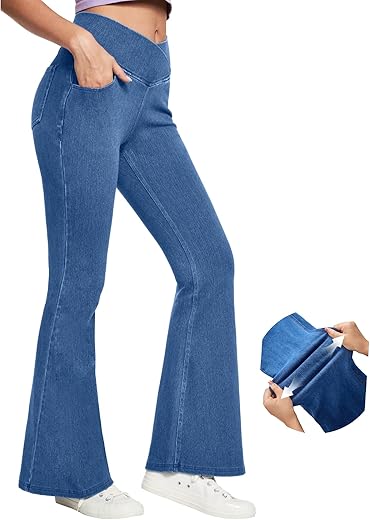 Iuga Bell Bottom Jeans For Women High Waisted Stretchy Flare Jeans Pull On Wide Leg Jeans V Cross Tummy Control Flare Pants