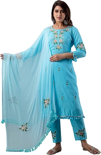 Jg Women'S Ethnic Wear Collection Rayon Straight Embridered Kurti &Amp; Pant Set With Dupatta