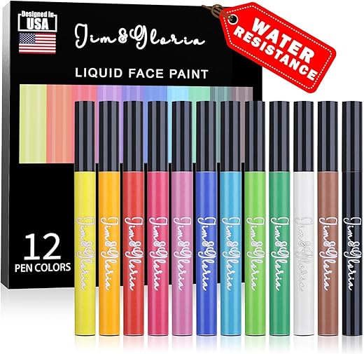 Jim&Amp;Gloria Water Resistant Face Paint 12 Colors Brush Pen Set Sweatproof Smudge Proof Body Markers Painting Kit Waterproof Temporary Tattoo Skin Sfx Makeup Accessories For Halloween Gift Kids &Amp; Adults