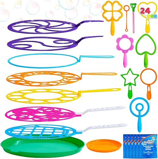 JOYIN Big Bubble Wands Set Bulk for Kids Summer Outdoor Activity Party Favors, 18 Pcs Giant Bubble Maker with Tray, 12" Large, 6 Pcs Bubble Solution Suitable for All Age People