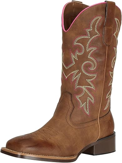 J'S.o.l.e Fashion Cowboy Boots For Women Square Toe Wide Mid Calf Western Cowgirl Boots