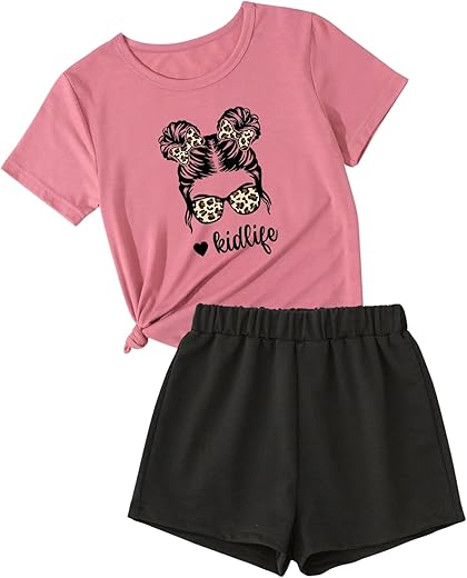 Kid Toddler Girl Clothes Summer Ruffle Sleeve Figure Graphic Tee Shirt + Shorts Summer Outfits Set