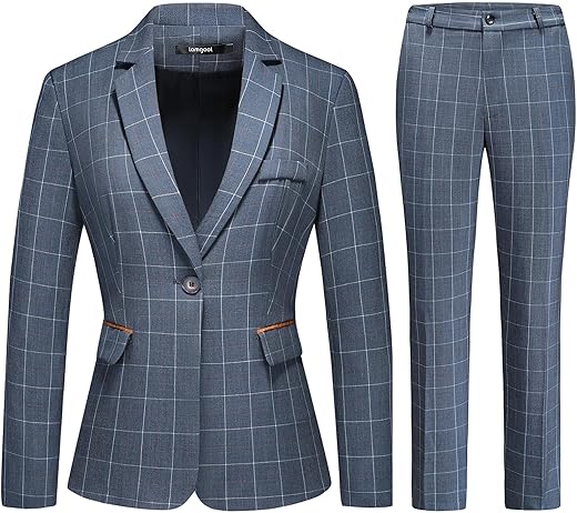 Lamgool Women'S 2 Piece Plaid Suit Lady'S Business One Button Lined Blazer Jacket Pant Set