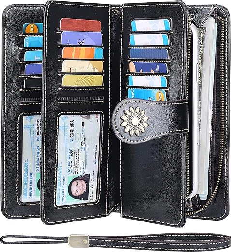 Lavemi Womens Large Capacity Genuine Leather Rfid Blocking Wallets Wristlet Clutch Card Holder