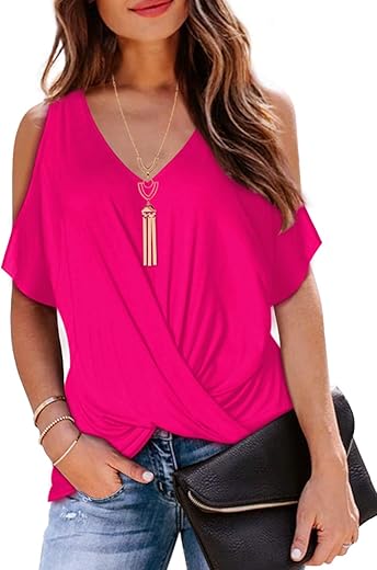 Leiyee Womens Summer Cold Shoulder Tops Short Sleeve Front Twist Knot V Neck T Shirts Draped Blouses