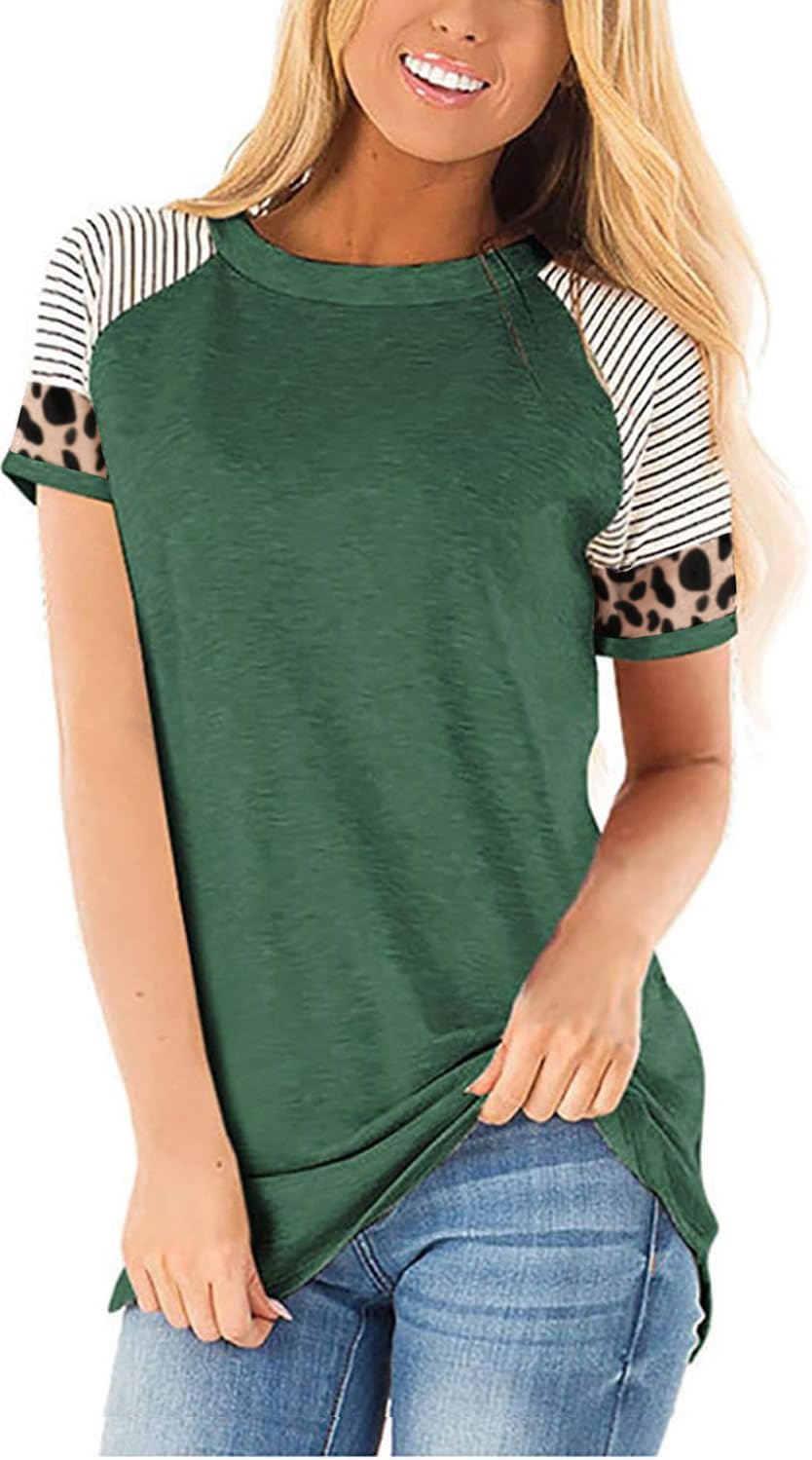 Leopard Print Tops For Women Long Sleeve Crew Neck Patchwork T Shirt Blouse