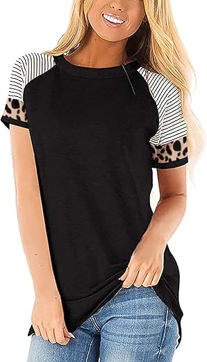 Leopard Print Tops For Women Long Sleeve Crew Neck Patchwork T Shirt Blouse