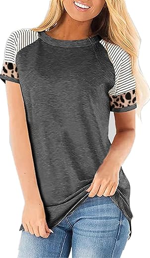 Leopard Print Tops For Women Long Sleeve Crew Neck Patchwork T Shirt Blouse