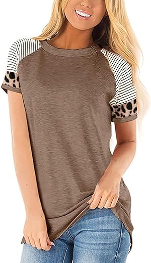 Leopard Print Tops For Women Long Sleeve Crew Neck Patchwork T Shirt Blouse