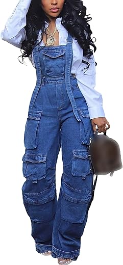 Letsvdo Women'S Cargo Denim Overall Jumpsuit Wide Leg Bib Loose Baggy Stretch Casual Jean Overalls Romper Cargo Pants