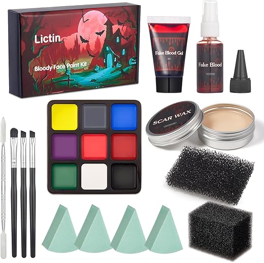 Lictin Halloween Special Effects Sfx Zombie Makeup Kit, 9 Colors Bruise Makeup Face Body Painting Palette With Scar Wax, Fake Blood Spray &Amp; Gel, Vampire Skeleton Clown Makeup Body Paint