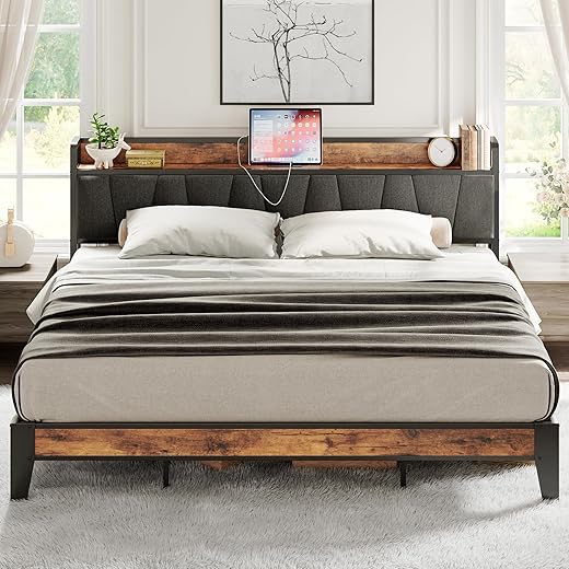 Likimio King Size Bed Frame, Storage Headboard With Charging Station, Solid And Stable, Noise Free, No Box Spring Needed, Easy Assembly