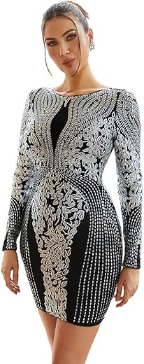 Lin Lin Q Women’s Formal Sequin Crew Neck Long Sleeve Mini Prom Dress, Bodycon Backless Evening Ball Gown