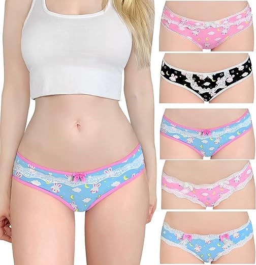 Littleforbig Women'S Ladies Soft Cotton Underwear Comfortable Hipster Briefs 5 Colorful Pack Panties Set - Bedtime Bunny