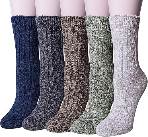 Loritta Pack Of 5 Womens Wool Socks Winter Warm Thick Knit Soft Vintage Casual Crew Boot Socks Gifts