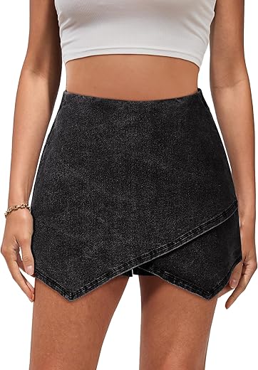 Luvamia Jean Skorts For Woman High Waisted Pull On Stretchy Denim Wrap Skirt With Shorts Trendy Asymmetrical Skort