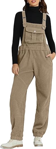 Luvamia Sherpa Overalls For Women Loose Fit Winter Fuzzy Fleece Warm Bib Pocket Adjustable Jogger Baggy Overall Jumpsuit