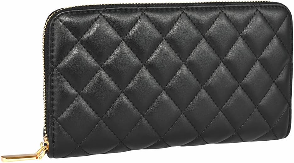 Luxury Real Leather Zip Around Travel Wallet | Large Capicity Card Holder Organizer | Classic Phone Clutch For Men Women (Black Quilted)