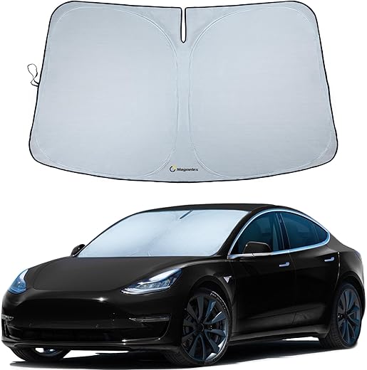 Magnelex Tesla Windshield Sun Shade (Model 3/Y), Reflective Polyester Blocks Heat &Amp; Sun, Foldable Car Window Sun Blocker, Mirror Cut-Out, Fade-Resistant Sunshade, Tesla 3 Accessories