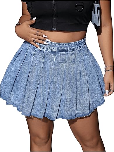 Makemechic Women'S Pleated Denim Skirt Low Waist Raw Hem A Line Zipper Mini Jean Skirt