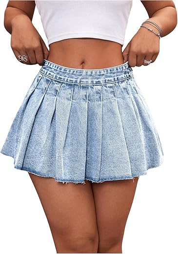 Makemechic Women'S Pleated Denim Skirt Low Waist Raw Hem A Line Zipper Mini Jean Skirt