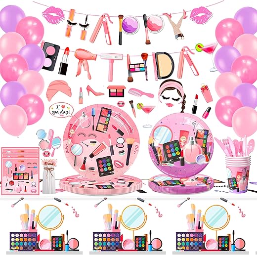 Makeup Birthday Party Supplies,165Pcs Spa Party Decorations Set-Makeup Theme Party Decoration Plates Cups Napkins Banner Balloon Photo Booth Props Etc Makeup Birthday Party Decorations For Girls Women