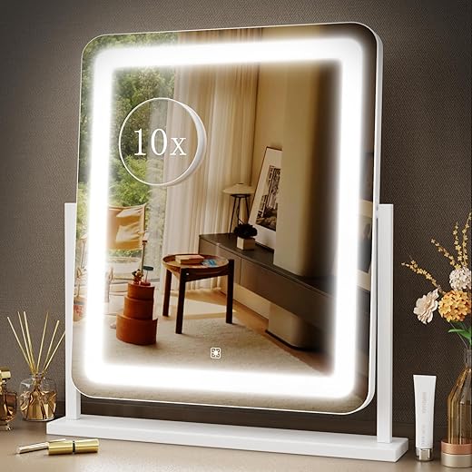 Makeup Vanity Mirror With Lights 15.2&Quot; Large Led Lighted Mirror, Hollywood Make Up Mirror With Lighting For Bedroom Tabletop, Smart Touch,Detachable 10X Magnification 360° Rotation, (White)