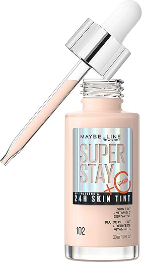 Maybelline Super Stay Up To 24Hr Skin Tint, Radiant Light-To-Medium Coverage Foundation, Makeup Infused With Vitamin C, 102, 1 Count