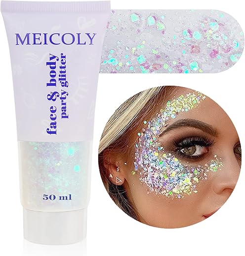 Meicoly Clear White Body Glitter,Mardi Gras Face Glitter Singer Concerts Festival Rave Accessories,Chunky Hair Sparkling Halloween Glitter Gel For Women,Mermaid Sequins Glitter Face Paint,50Ml