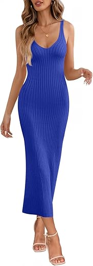 Merokeety Womens 2024 Summer V Neck Knit Midi Dress Bodycon Sleeveless Ribbed Sweater Dresses