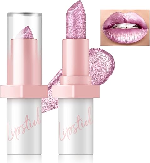 Metallic Nude Pink Lipstick Long Lasting, High Shine Glitter Diamond Creamy Lipstick Transfer Proof,Shimmer High Impact Lip Color Full Coverage Non Stick Cup Lightweight Lip Makeup For Women#1