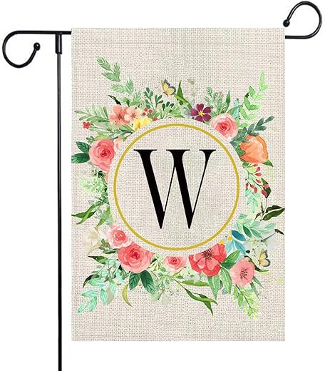 Mflagperft Monogram Letter W Summer Welcome Garden Flags 12X18 Double Sided Burlap Initial Family Last Name Small Yard Flag Floral For Outside Decorations Personalized Wreath Outdoor Signs Decor