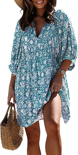 Miduo Womens Casual V Neck Summer Half Sleeve Bohemian Floral Mini Tunic Short Dresses