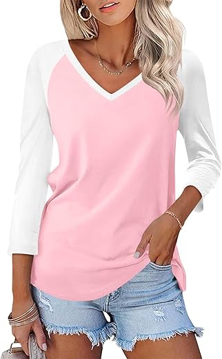 Minetom Women'S V Neck 3/4 Sleeve T Shirt Solid/Color Block Casual Basic Tops Summer Tees