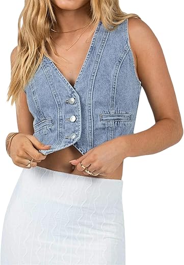 Miqil Women Y2K Button Down Denim Vest Sexy Sleeveless Denim Crop Top Low Cut Strapless Jean Corset Bustier Streetwear