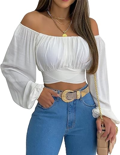 Miracmoda Woman Off Shoulder Ruched Tie Back Crop Top Summer Lantern Sleeve Boho Shirt Blouse