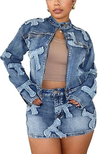 Molilove 2 Piece Denim Skirt Jacket Set Women Zipper Jacket Top Elastic Waist Skirt with Pockets Sweatsuit Tracksuit Sets