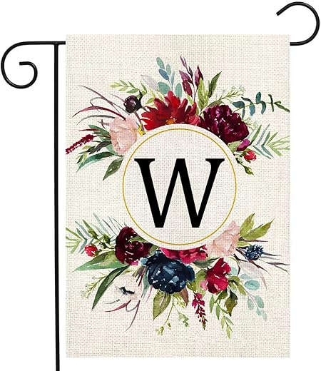 Monogram Letter W Garden Flags, Summer Garden Flag 12X18 Double Sided Floral Yard Flags Small Burlap Family Last Name Initial Garden Flag For Outside Decorations(W)