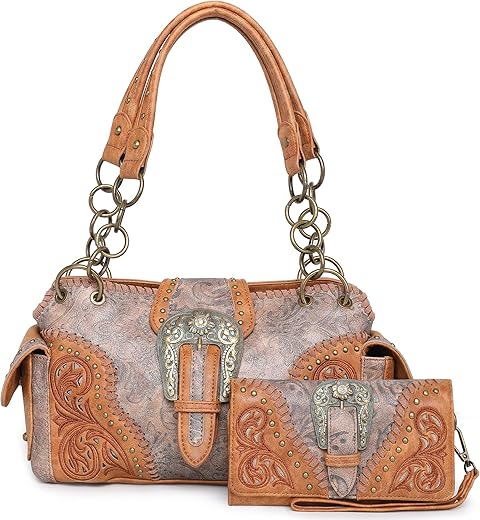 Montana West Handbag And Purse Concealed Carry Tote Bag For Women Leather Embroidered Western Design Satchel With Wallets Set Mw823G-8085Wbr