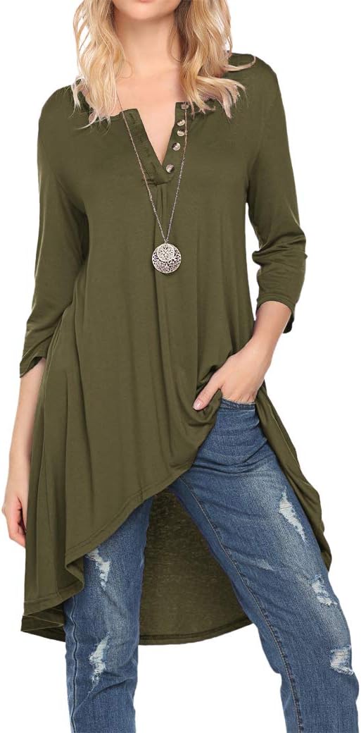 Naggoo Women'S 3/4 Sleeve Button V Neck High Low Loose Fit Casual Long Tunic Tops Tee Shirts S-3Xl