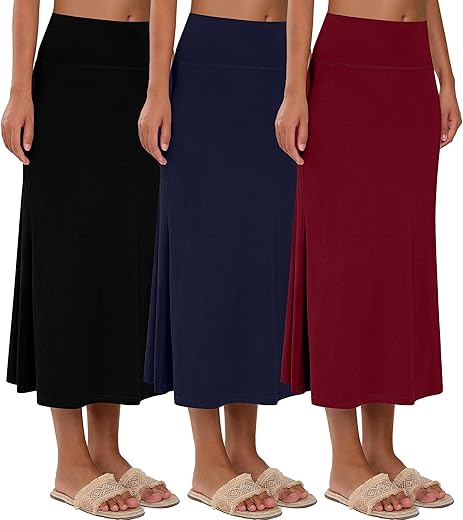 Neer 3 Pack Women'S Flowy Long Skirts, Elastic High Waisted Maxi Skirts Casual Solid Lounge Skirts Lightweight Basic Skirts